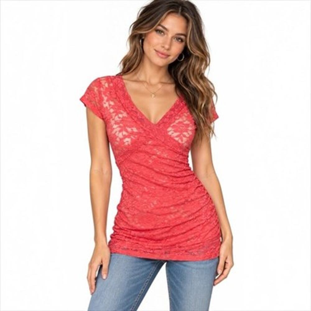 Vanity Womens Y2K Coral Floral Sheer Lace Crossover V-Neck 2000s Top Sz Medium
